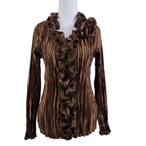 Y2K Ruffled Accordion Pleated Toffee Apple Blouse Small Metallic Brown Whimsical